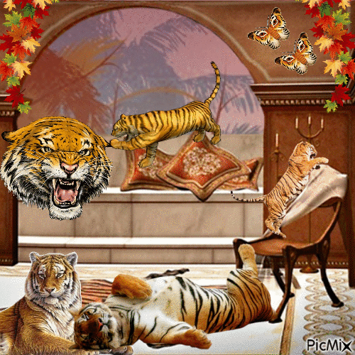 Tête de tigre en mouvement avec des animaux - GIF animasi gratis