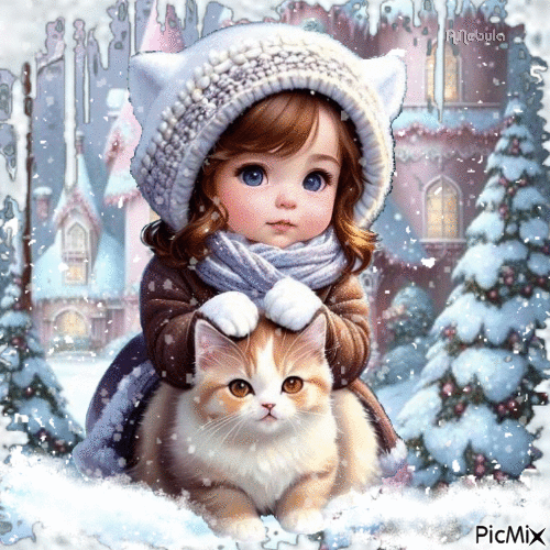 Girl-cat-winter-contest - Darmowy animowany GIF