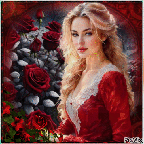 Chica rubia vestida de rojo con rosas rojas - Gratis animerad GIF