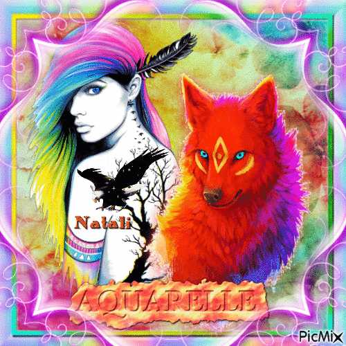 loup rouge et fille indienne aquarelle - Free animated GIF