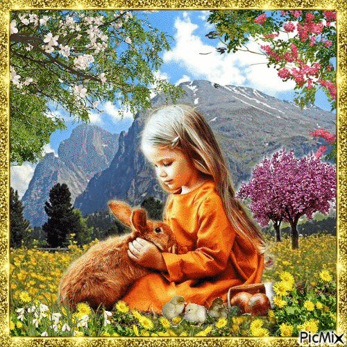 Frühlingskind mit einem Kaninchen - Бесплатни анимирани ГИФ