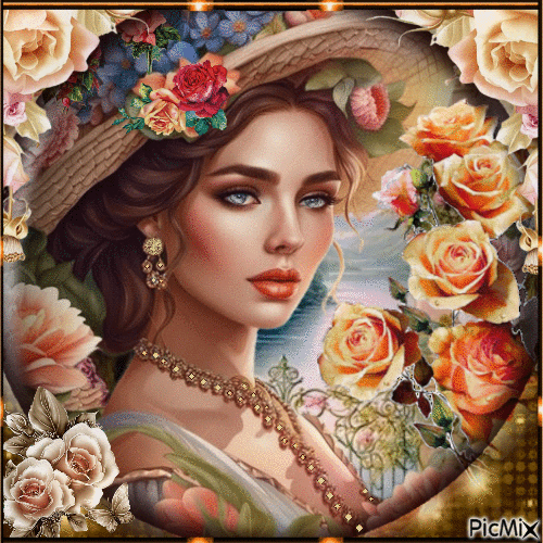 Mujer con rosas - Vintage - GIF animé gratuit