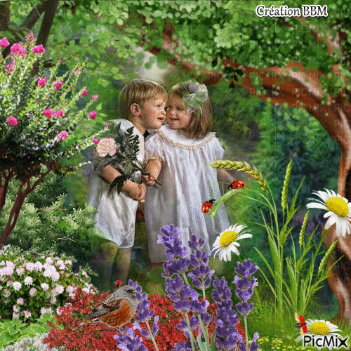Deux enfants au  jardin par BBM - Kostenlose animierte GIFs