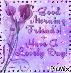 GOOD MORNING FRIENDS AND HAVE A LOVELY DAT. PURPLE FLOWERS AND PURPLE STARS. A PURPLE STAR FRAME. - GIF animado grátis