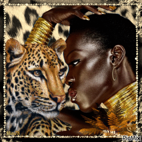 beauté africaine et léopard - GIF animé gratuit