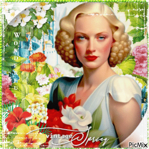 Vintage Woman Flowers Bright Colors - GIF เคลื่อนไหวฟรี
