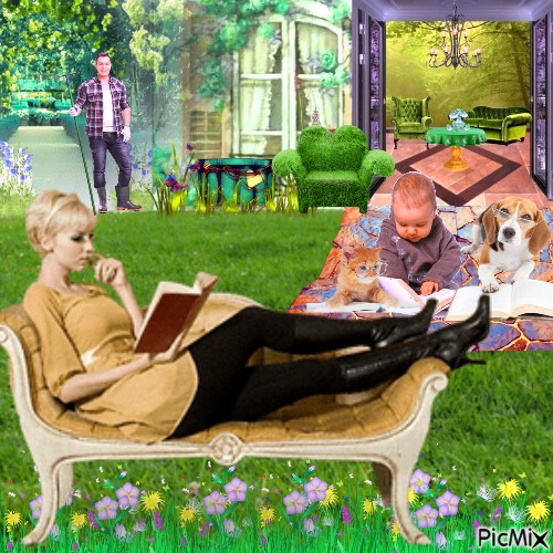 Reading in the garden - gratis png