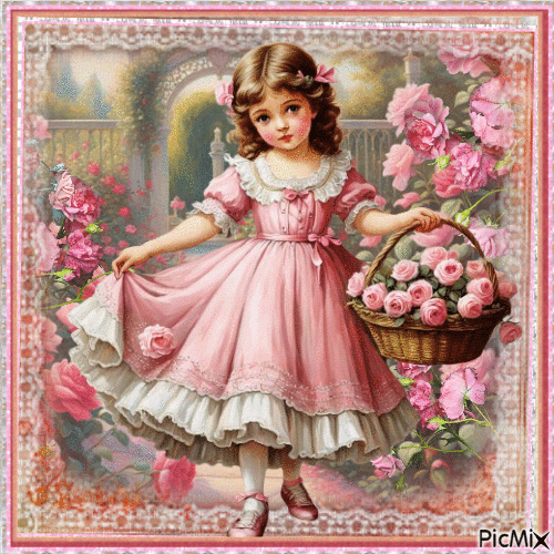 Bambina vintage in un giardino di rose-Concorso - GIF animé gratuit
