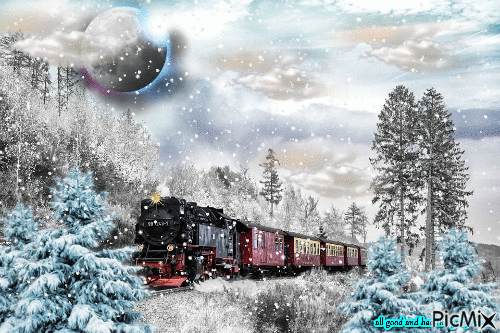 moon train snow light tree clouds - Δωρεάν κινούμενο GIF