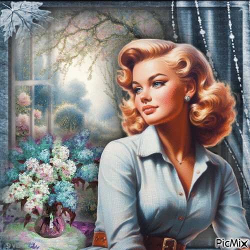 Signora con fiori davanti a una finestra-Concorso - GIF animé gratuit