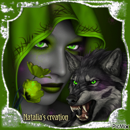 Femme et loup aux yeux verts - Fantastique - Animovaný GIF zadarmo