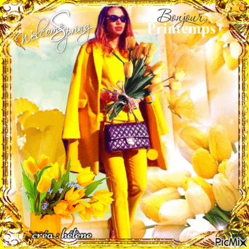 Dame en costume et bouquet de  tulipes _ ton jaune - Free animated GIF