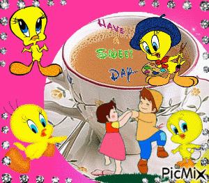 LITTLE BOY AND GIRL DANCING ON A SAUCER AND CUP.TWEETY BIRD SAYS HAVE A SWEET DAY, STEAN IS COMING OUT OF CUP OF COFFEE, THERE ARE 3 OTHER TWEETY'S. AND A FRAME OF DIAMONDS IN EACH CORNER. - Nemokamas animacinis gif