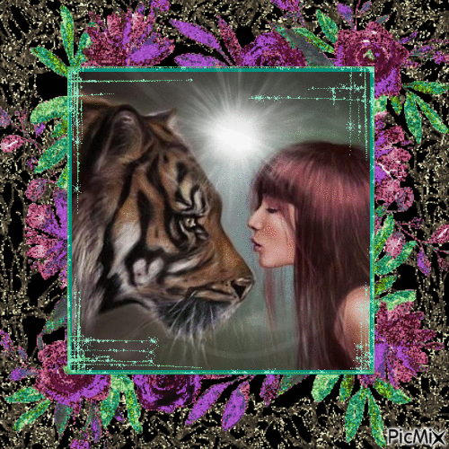 Woman With Tiger Portrait - GIF animé gratuit