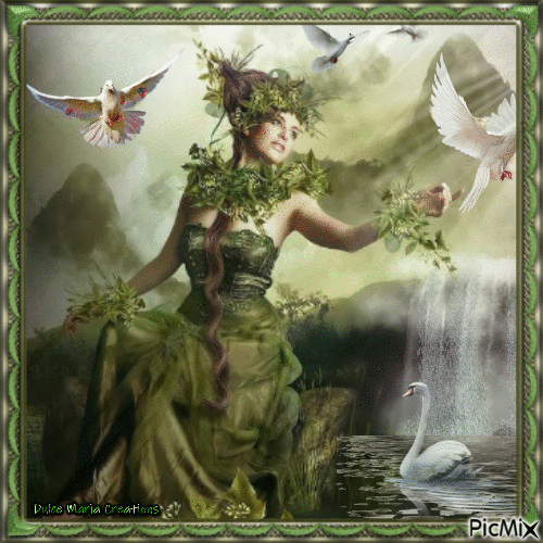 green lady with doves September 2018 - Darmowy animowany GIF