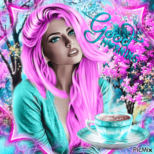 Femme et tasse café en turquoise et rose - GIF animado grátis
