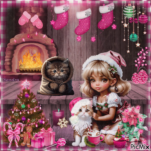 Christmas Girl And Her Cats - Free animated GIF