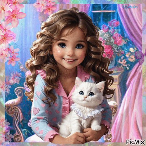 Girl+white cat-contest - Free animated GIF