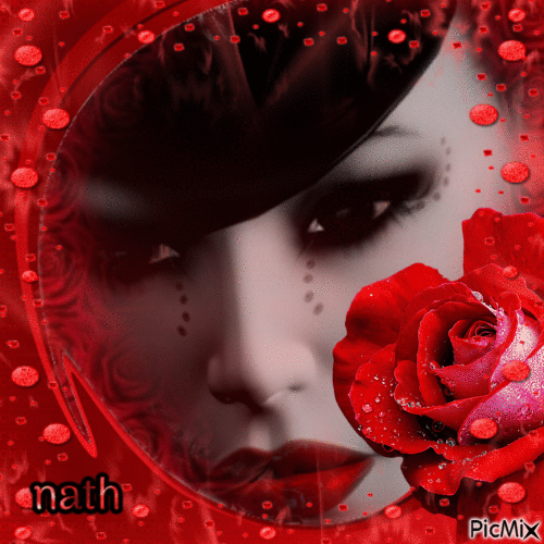 Femme avec rouge à lèvre rouge et rose rouge - Free animated GIF
