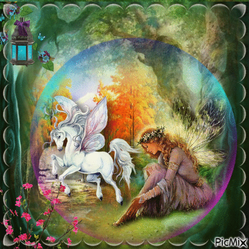 fée et licorne fantasy dans une bulle - Darmowy animowany GIF