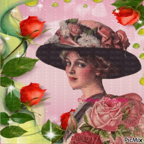 Femme vintage avec un chapeau fleuri. - png ฟรี