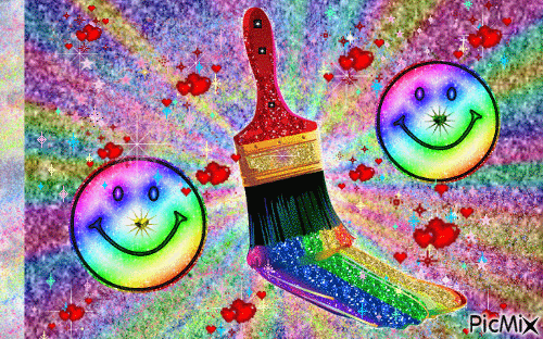 A RED PAINT BRUSH FULL OF GREEN, BLUE, PURPLE,YELLOE, AND AQUA, SPLATTERED FOR BACKGROUND, LOTS OF SPARKLES AND STARS.2 SMILEY FACES WITHV THE SAME COLORS PAINTED, ON, AND SOME LITTLE RED HEARTS SCATTERED. - Ilmainen animoitu GIF