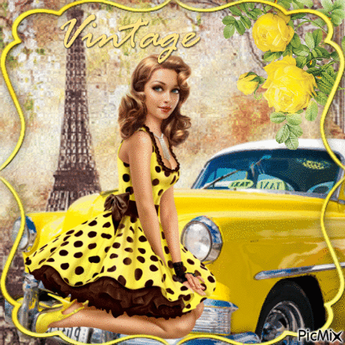 Vintage femme et voiture - Δωρεάν κινούμενο GIF