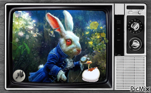 Conejo blanco en tv - GIF animé gratuit