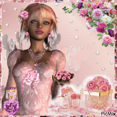 La jeune fille et des fleurs roses - Бесплатный анимированный гифка