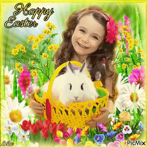 Happy Easter. Girl and rabbit. - GIF animé gratuit