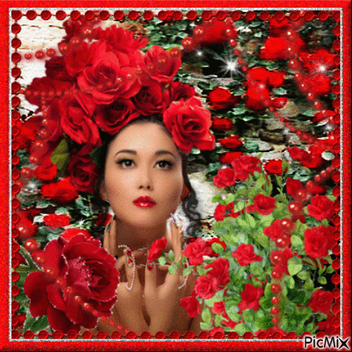 Woman with a rose - Red and green tones - Gratis animerad GIF
