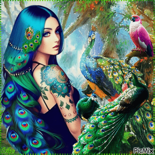 Peacock and woman 5 - Бесплатный анимированный гифка
