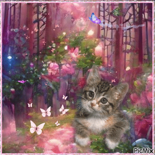 Kitty with butterflies in magic landscape - Free animated GIF