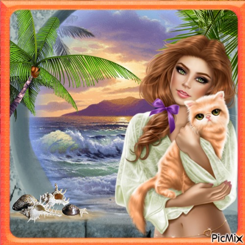 Dame et son chat. - Free PNG