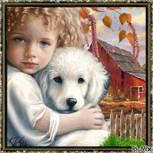 Fille en campagne avec son chien - Free animated GIF