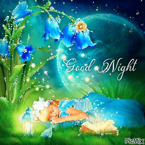 Good Night Sleeping Girl and Bluebells - GIF animado grátis