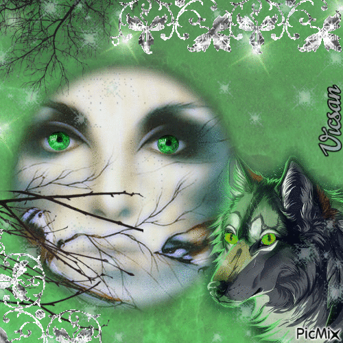 Mujer y lobo con ojos verdes - Fantasía - Free animated GIF
