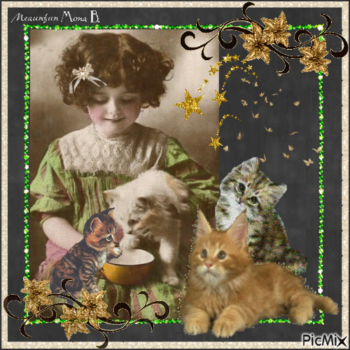 Vintage girl with kitties - Gratis animeret GIF