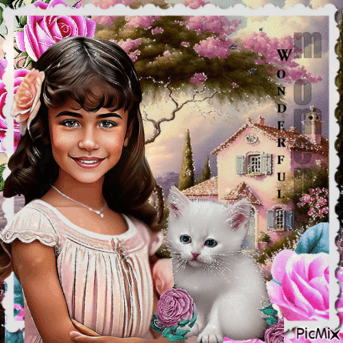 Kleines Mädchen und weiße Katze - Безплатен анимиран GIF