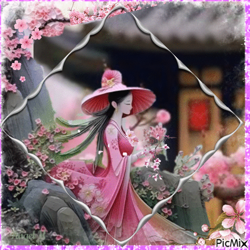 A woman with cherry blossoms! - Бесплатни анимирани ГИФ