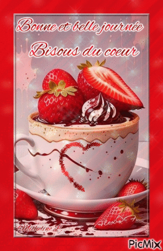 Bonne journée  tasse et fraises - Free animated GIF