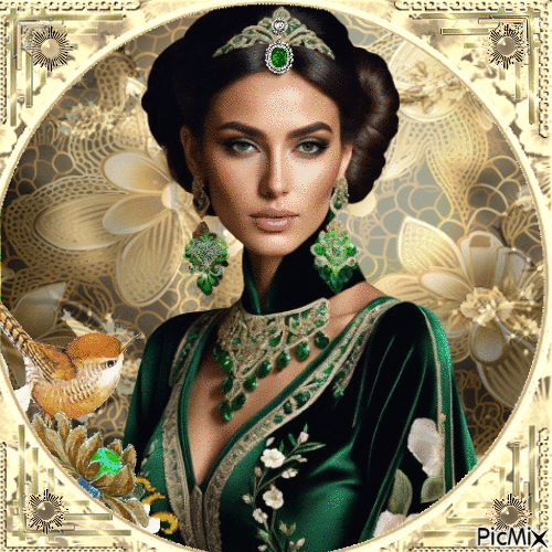 Lady in gold and green - GIF animasi gratis