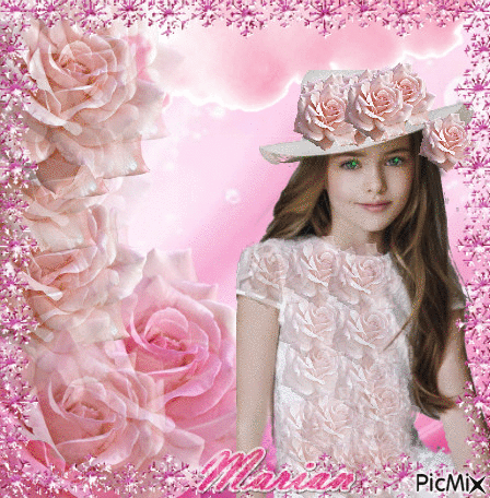 La jeune fille et des fleurs roses - GIF animé gratuit