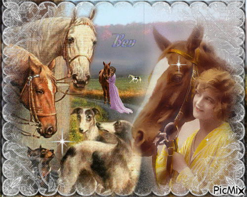 Vintage woman & horses - GIF animé gratuit