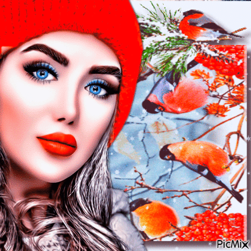 les oiseaux et portrait jeune femme en hiver - Gratis geanimeerde GIF