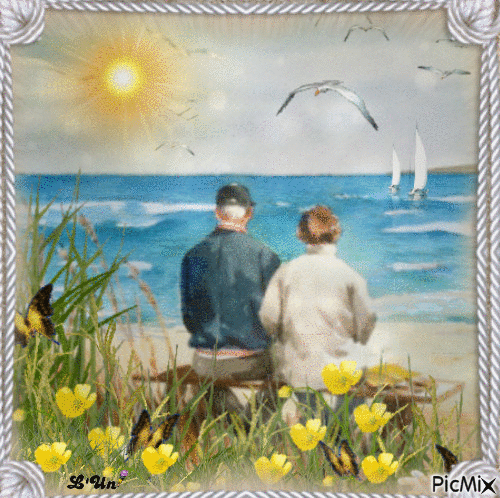 couple agè au bord de la plage - Бесплатный анимированный гифка