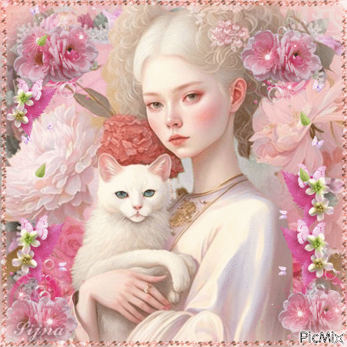 Girl with cat in pastel colors - Free animated GIF