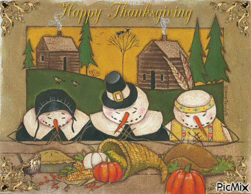 Happy Thanksgiving Pilgrim Snowfamily - GIF animado gratis