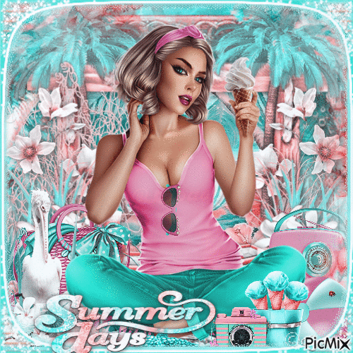Hello Summer - Pink & teal - Animovaný GIF zadarmo