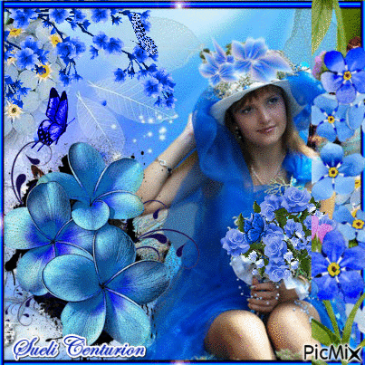 Mulher Flores e Borboletas Azuis - GIF animado gratis